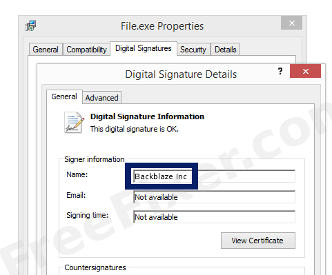 Screenshot of the Backblaze Inc certificate